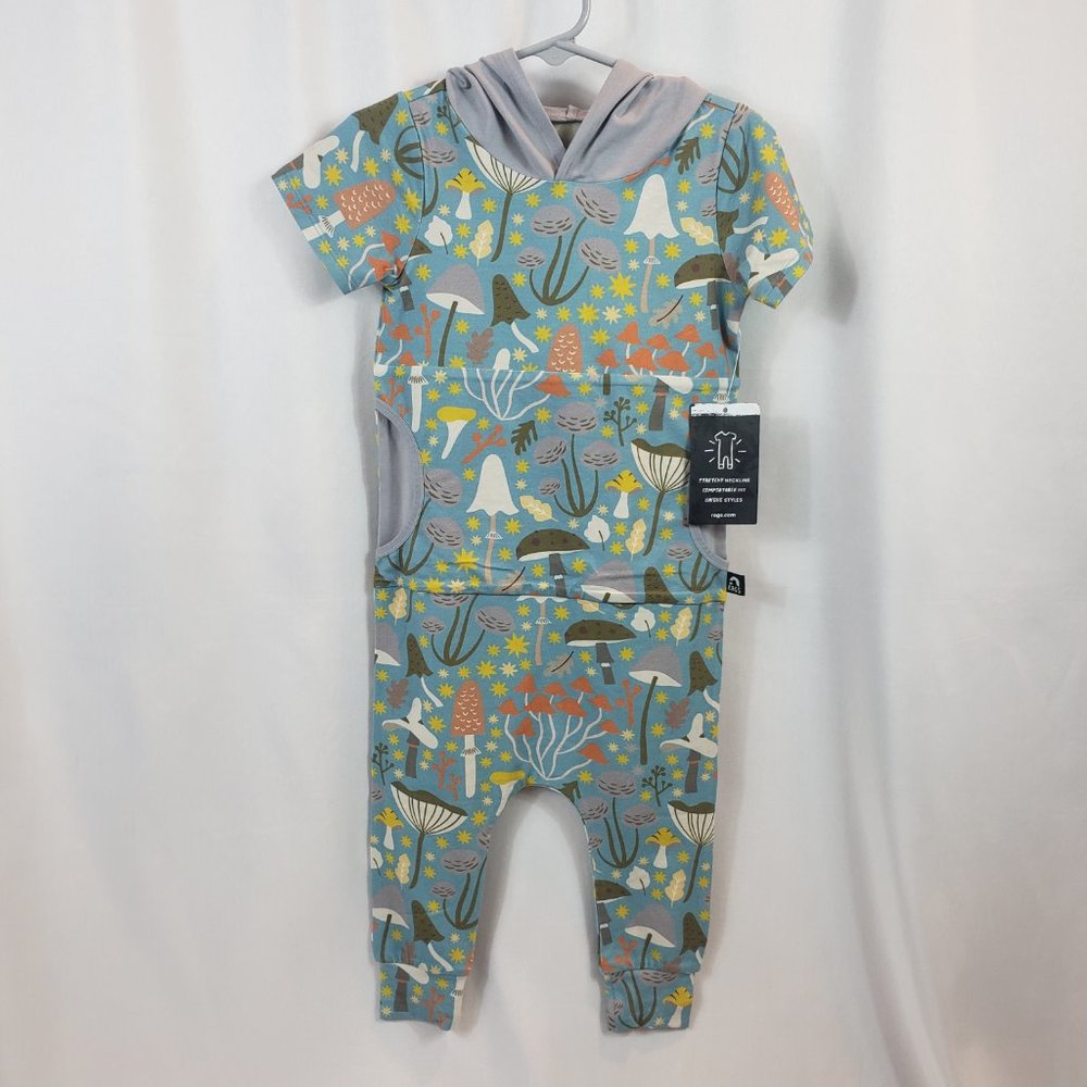 RAGS Short Sleeved Hooded Blue Romper with Printed Mushrooms, & Kangaroo Pocket - Picture 7 of 9
